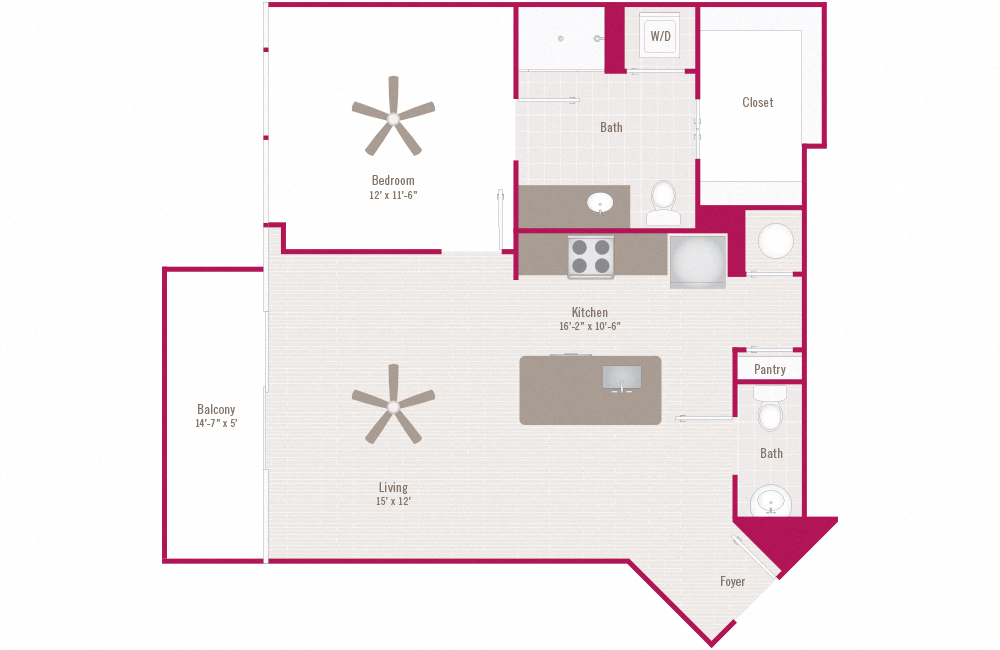 Floor plan for 1 bed, 1.5 baths, 795 sqft