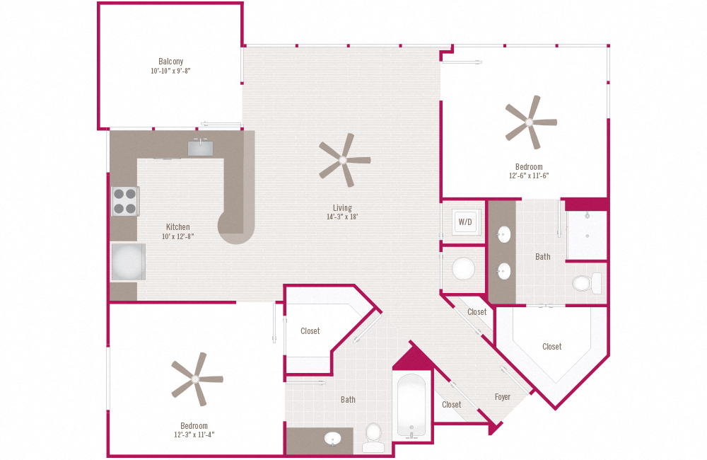 Floor plan for 2 beds, 2 baths, 1132 sqft