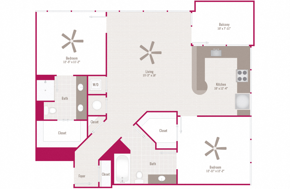 Floor plan for 2 beds, 2 baths, 1184 sqft