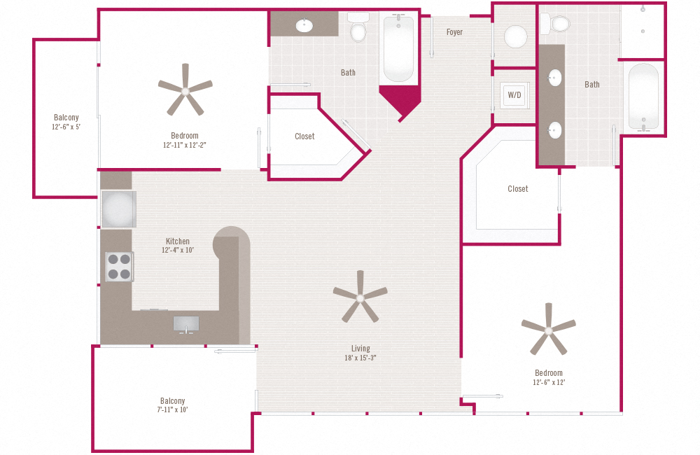 Floor plan for 2 beds, 2 baths, 1236 sqft