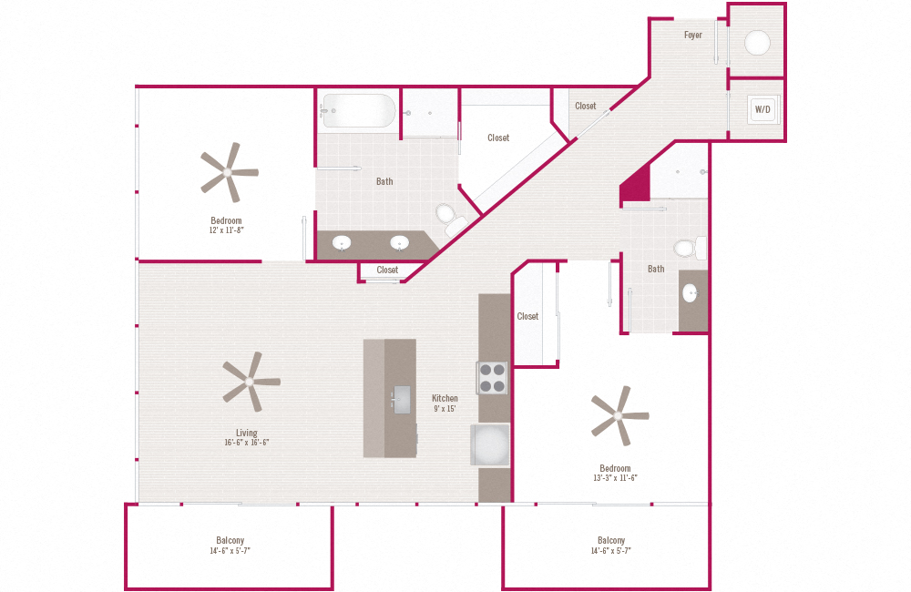 Floor plan for 2 beds, 2 baths, 1252 sqft