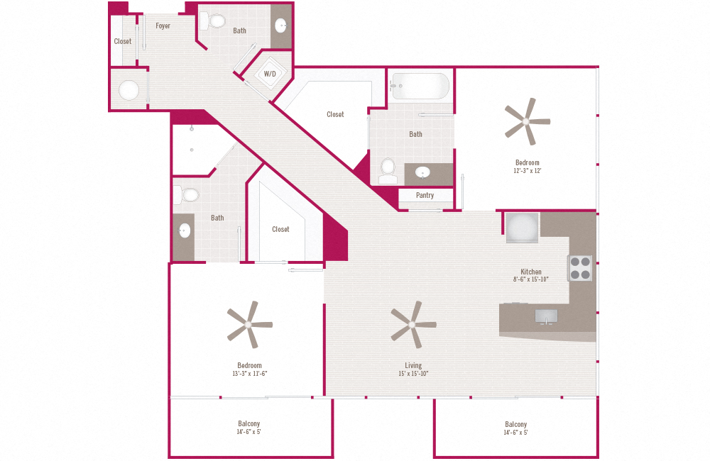 Floor plan for 2 beds, 2.5 baths, 1231 sqft