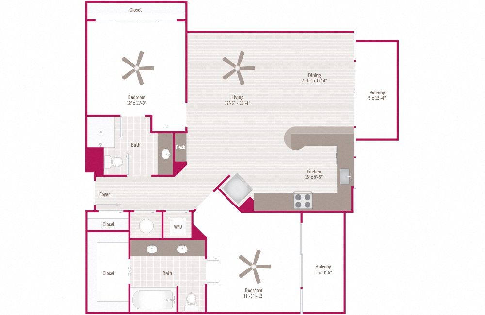 Floor plan for 2 beds, 2 baths, 1137 sqft