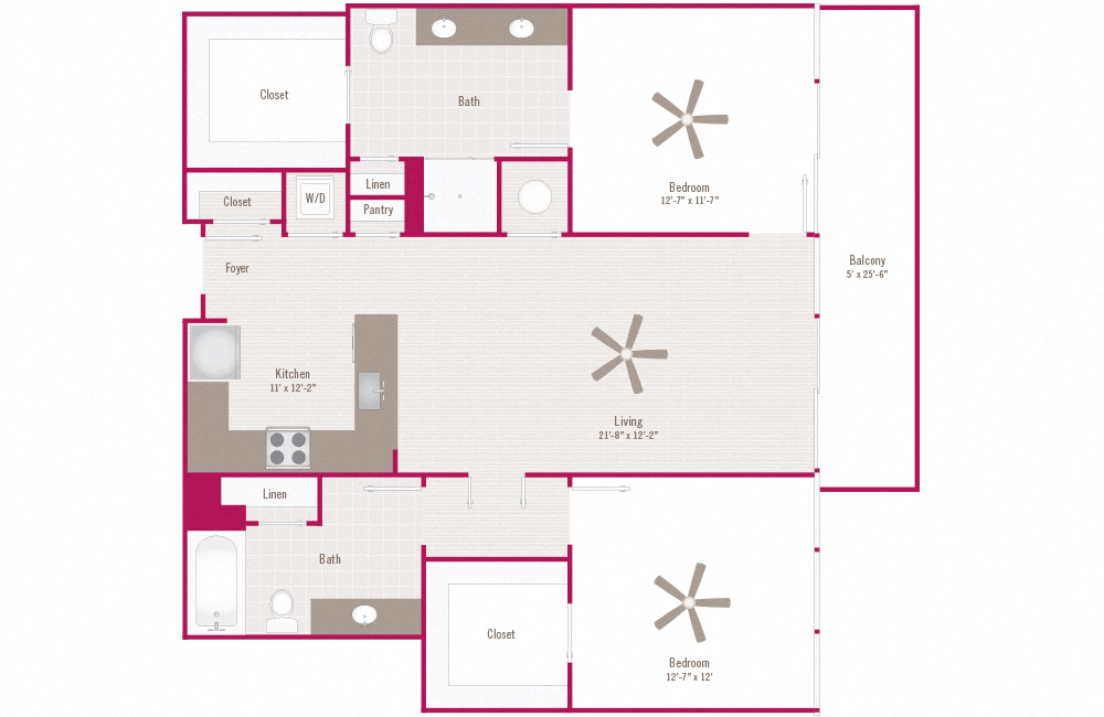 Floor plan for 2 beds, 2 baths, 1194 sqft