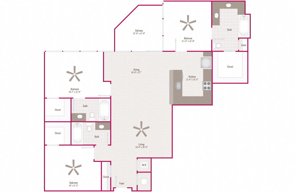 Floor plan for 3 beds, 3 baths, 1679 sqft