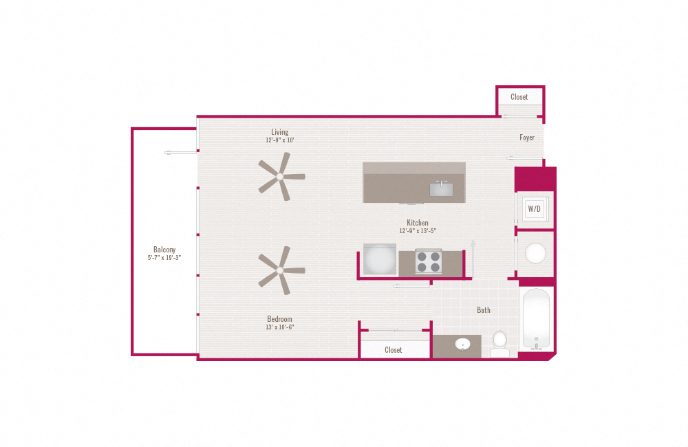 Floor plan for studio, 1 bath, 653 sqft