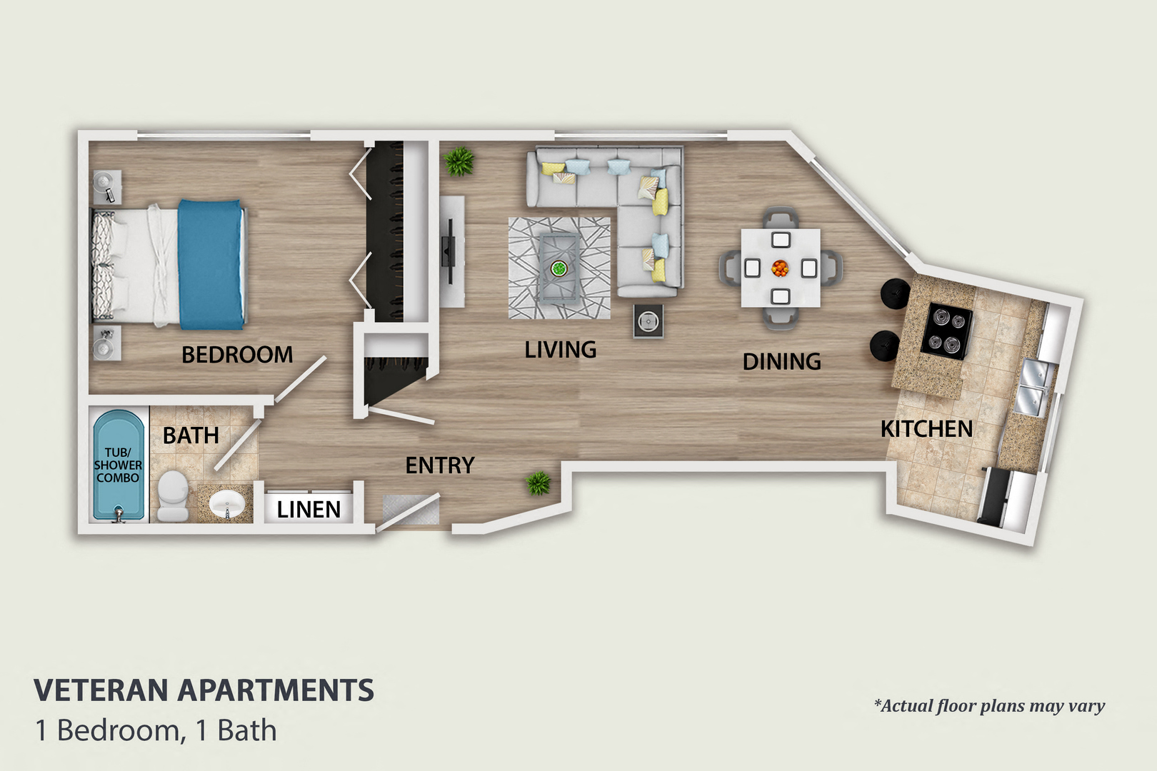 Floor plan for 1 bed, 1 bath, 580 sqft