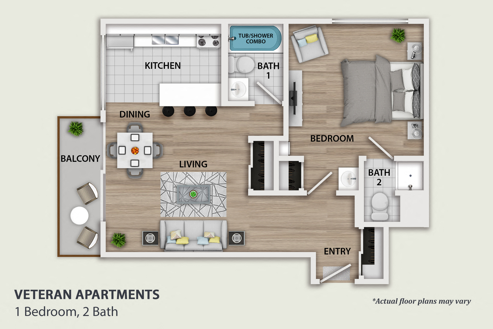 Floor plan for 1 bed, 2 baths, 650 sqft