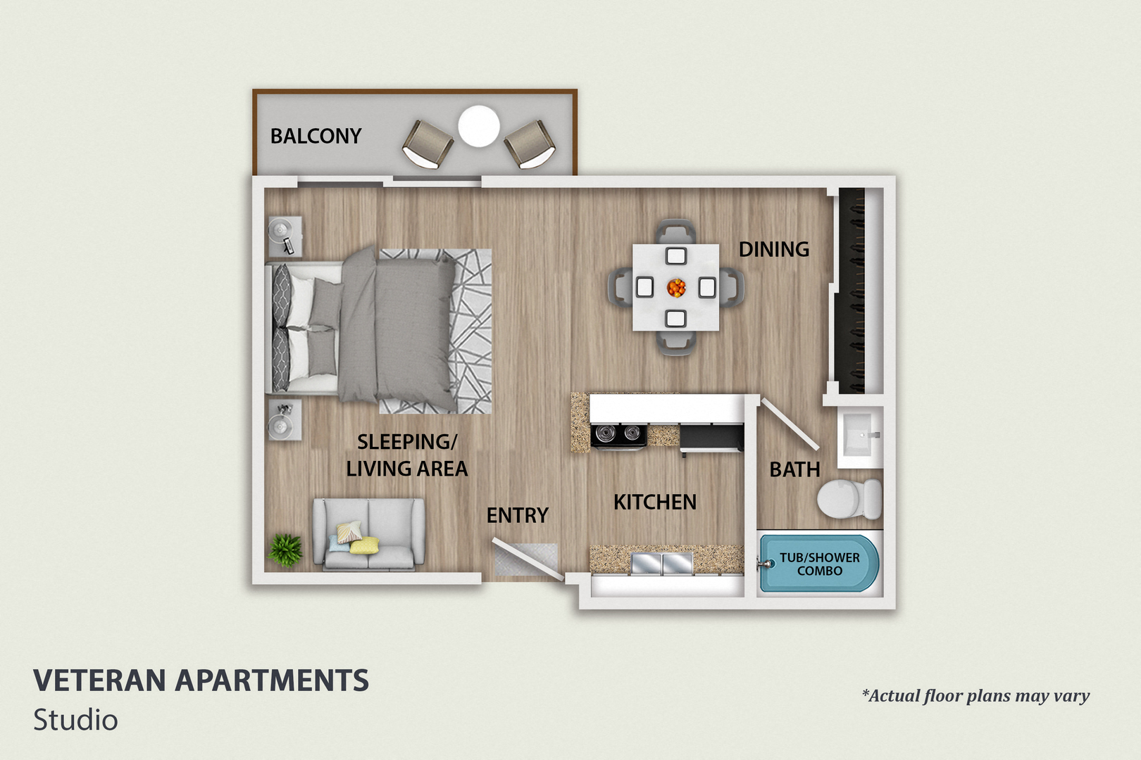 Floor plan for studio, 1 bath, 345 sqft
