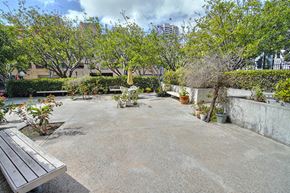 San Diego apartment for rent - a courtyard with trees and a wooden bench