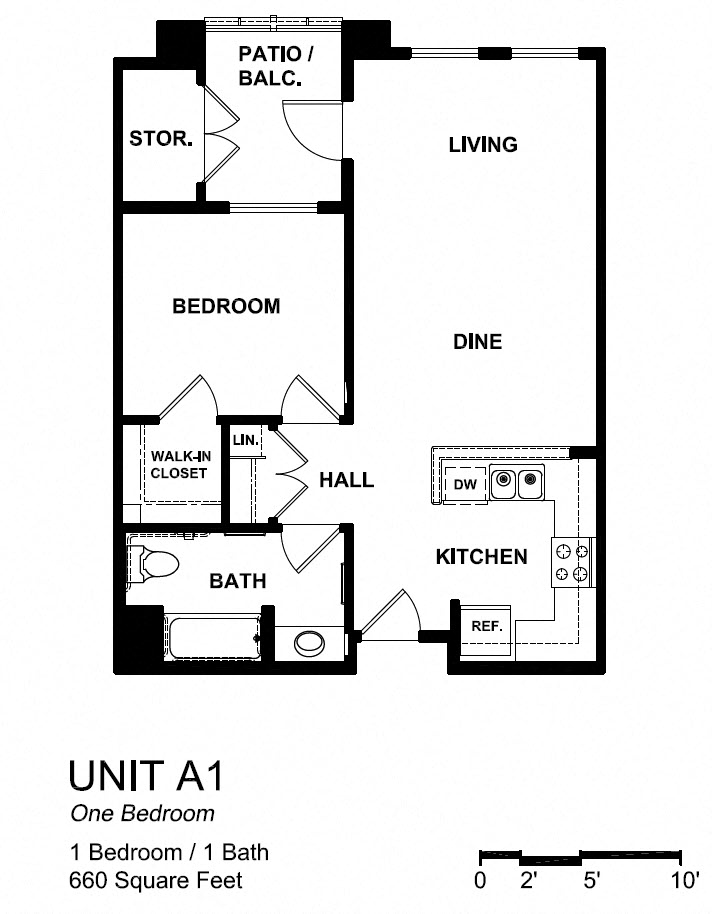 Floor plan for 1 bed, 1 bath, 660 sqft