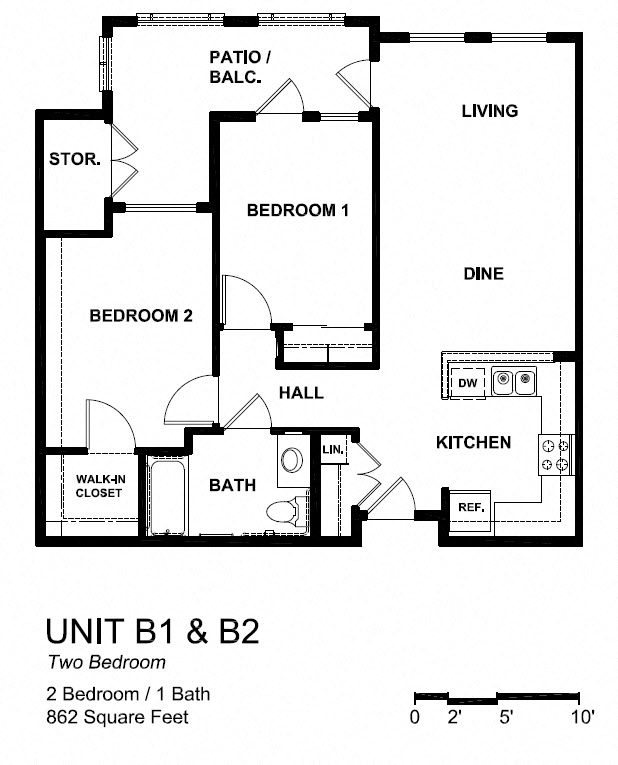 Floor plan for 2 beds, 1 bath, 862 sqft