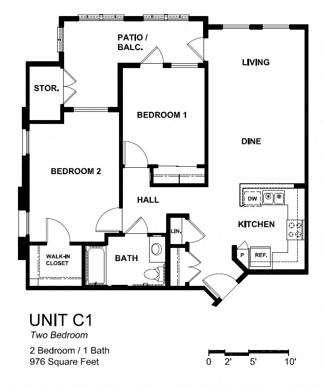 Floor plan for 2 beds, 1 bath, 976 sqft