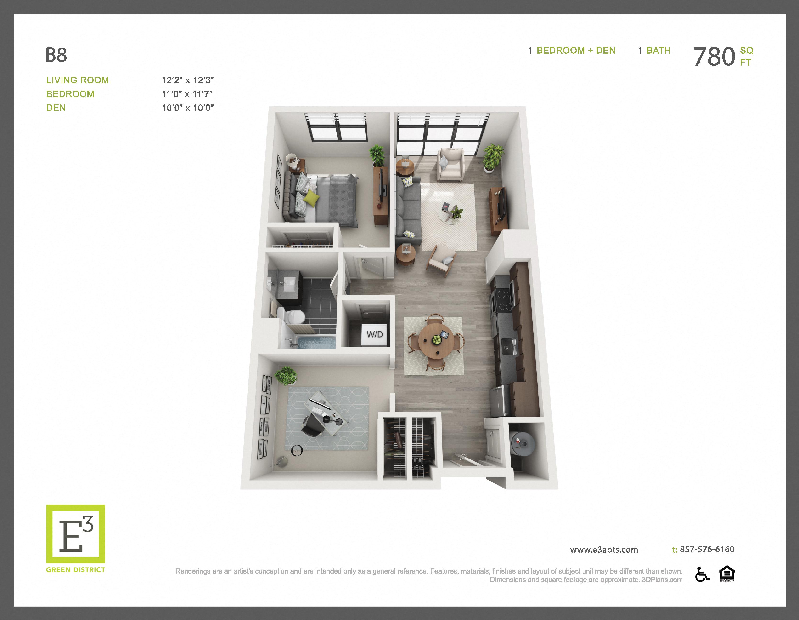 Floor plan for 1 bed, 1 bath, 780 sqft