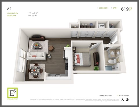 Floor plan for 1 bed, 1 bath, 619 sqft