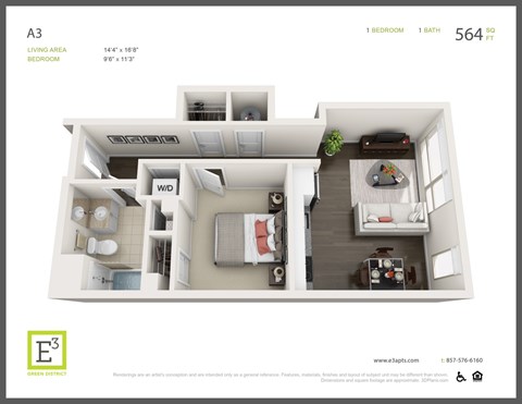 Floor plan for 1 bed, 1 bath, 564 sqft