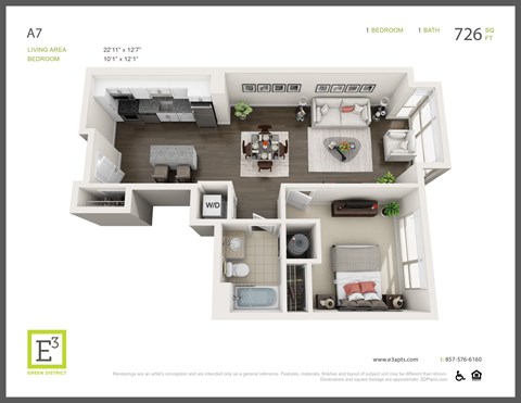 Floor plan for 1 bed, 1 bath, 726 sqft