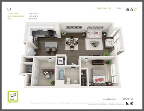 Floor plan for 1 bed, 1 bath, 865 sqft
