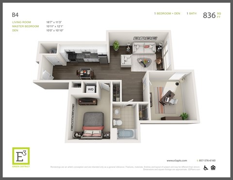 Floor plan for 1 bed, 1 bath, 836 sqft