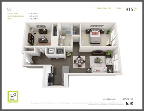 Floor plan for 1 bed, 1 bath, 915 sqft