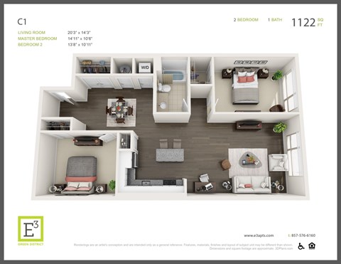 Floor plan for 2 beds, 1 bath, 1122 sqft