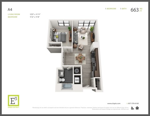 Floor plan for 1 bed, 1 bath, 663 sqft