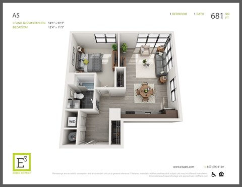 Floor plan for 1 bed, 1 bath, 681 sqft