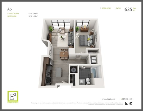 Floor plan for 1 bed, 1 bath, 635 sqft