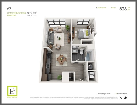 Floor plan for 1 bed, 1 bath, 628 sqft