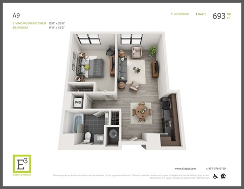 Floor plan for 1 bed, 1 bath, 693 sqft