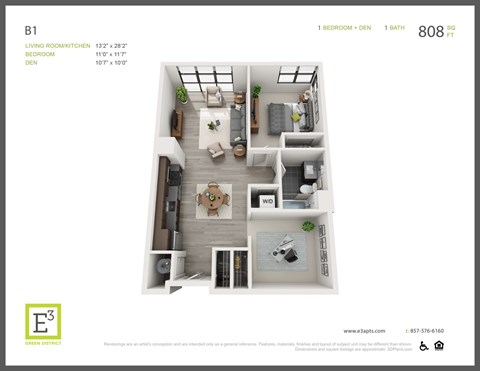 Floor plan for 1 bed, 1 bath, 808 sqft
