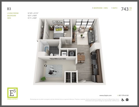 Floor plan for 1 bed, 1 bath, 743 sqft