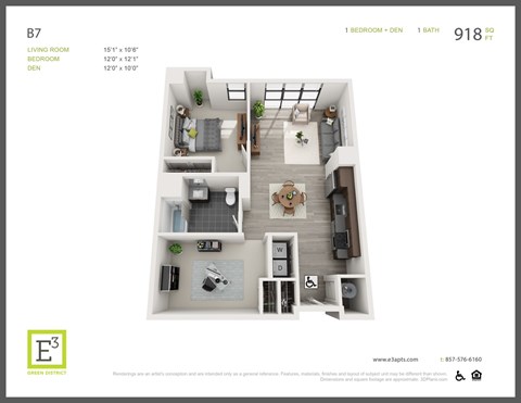 Floor plan for 1 bed, 1 bath, 918 sqft