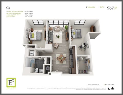 Floor plan for 2 beds, 1 bath, 967 sqft
