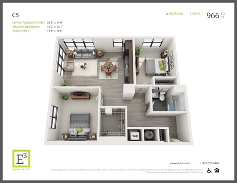 Floor plan for 2 beds, 1 bath, 966 sqft