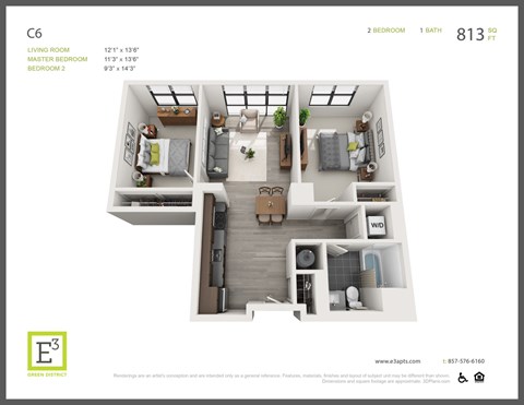 Floor plan for 2 beds, 1 bath, 813 sqft