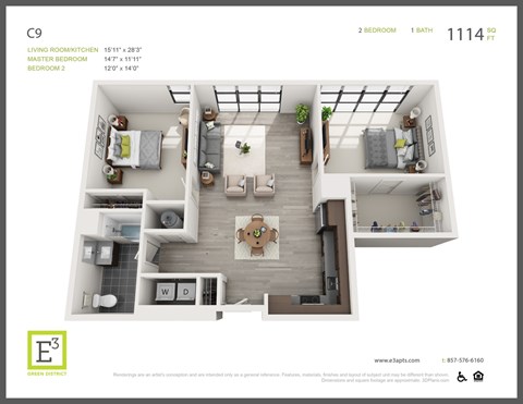 Floor plan for 2 beds, 1 bath, 1114 sqft