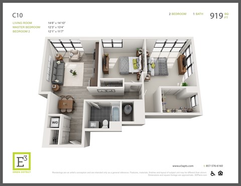 Floor plan for 2 beds, 1 bath, 919 sqft