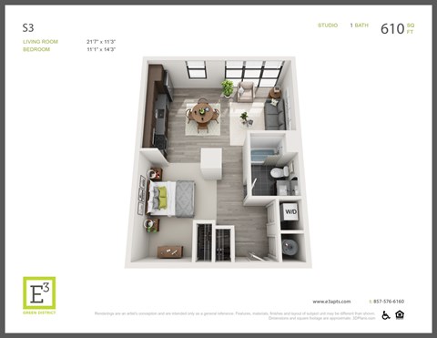 Floor plan for studio, 1 bath, 610 sqft