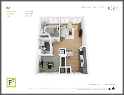 Floor plan for 1 bed, 1 bath, 832 sqft