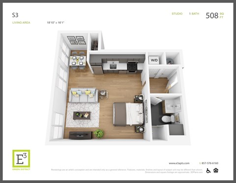 Floor plan for studio, 1 bath, 508 sqft