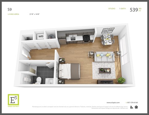 Floor plan for studio, 1 bath, 539 sqft