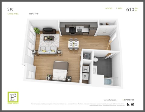 Floor plan for studio, 1 bath, 610 sqft