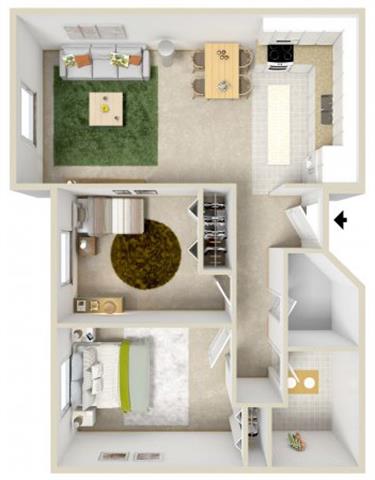 Floor plan for 2 beds, 1 bath, 808 sqft