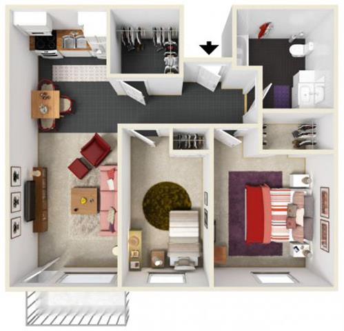 Floor plan for 2 beds, 1 bath, 808 sqft