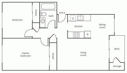 Floor plan for 2 beds, 1 bath, 936 sqft
