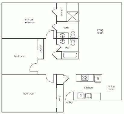 Floor plan for 3 beds, 2 baths, 1120 sqft