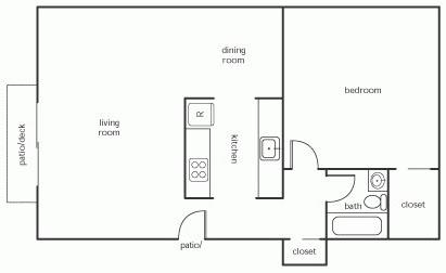 Floor plan for 1 bed, 1 bath, 650 sqft