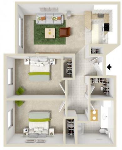 Floor plan for 2 beds, 1 bath, 750 sqft