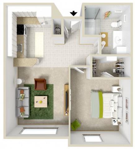 Floor plan for 1 bed, 1 bath, 587 sqft